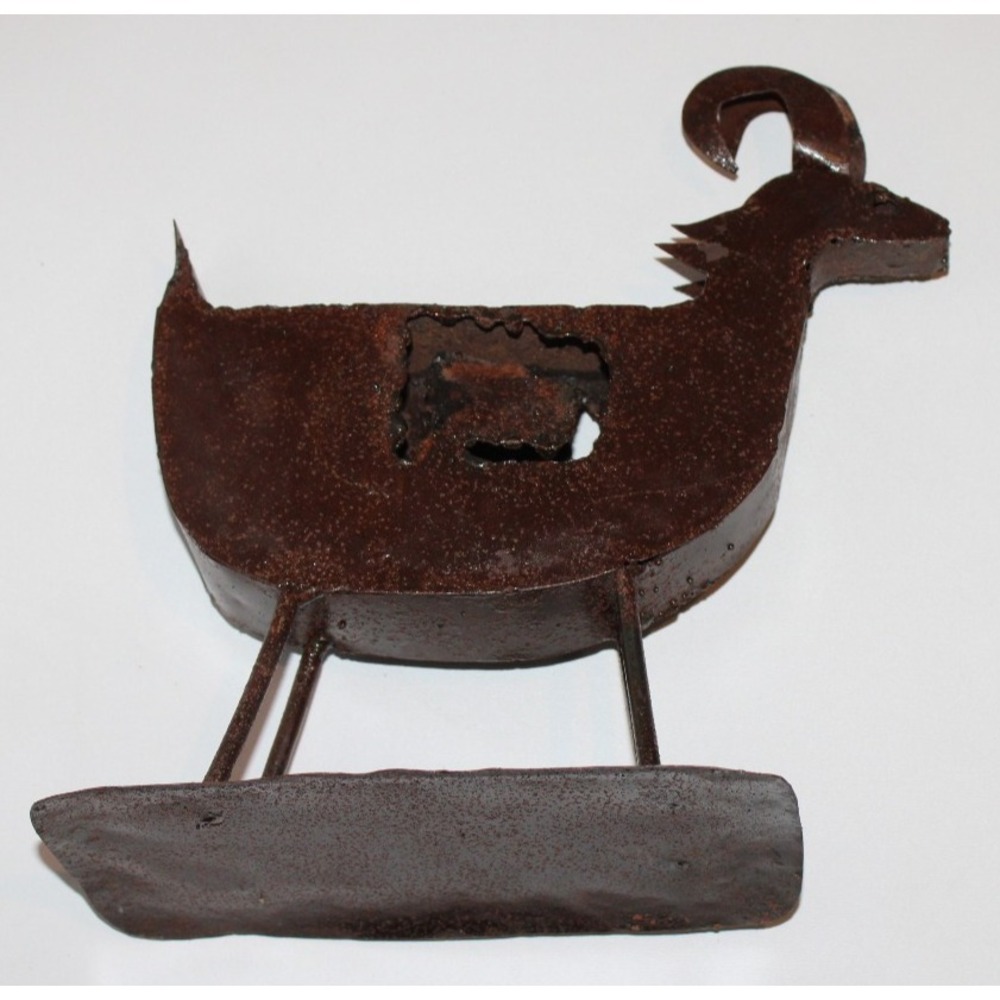 handmade folk art 10" metal sculpture ram on base stand primitive rustic decor
